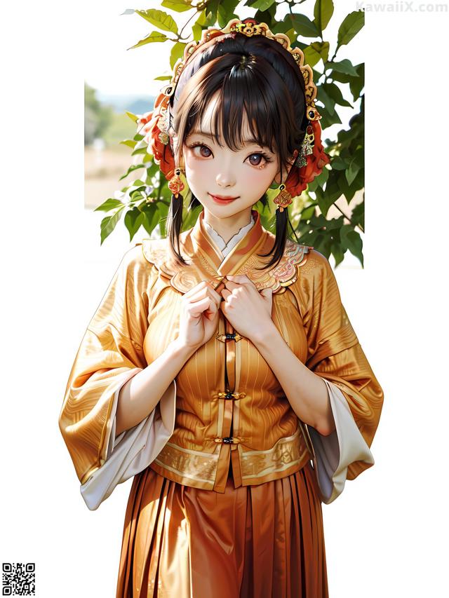 A woman in a chinese dress standing in front of a tree.
