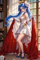 A woman with long blue hair wearing a white dress and a red cape.