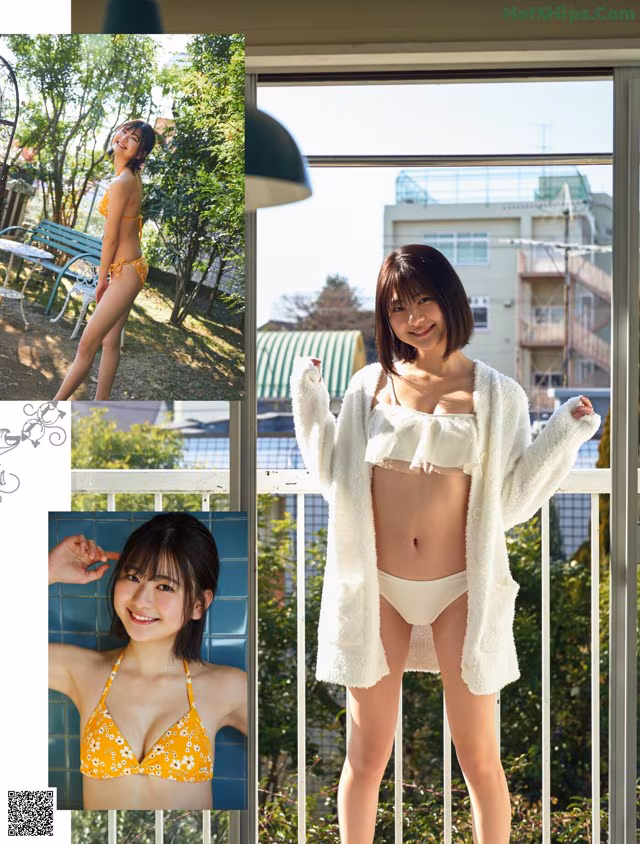 A woman in a yellow bikini standing on a balcony.